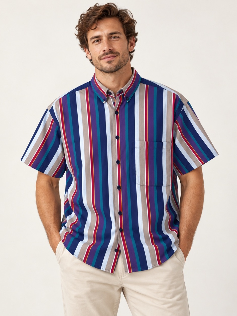 Henry Grethel Mens Medium VTG 90s Striped Short Sleeve Button Down Shirt Retro